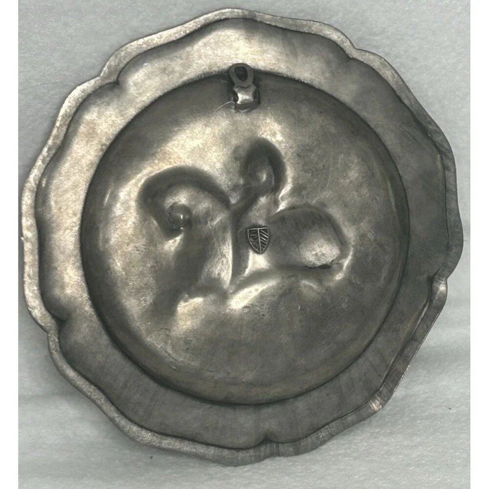 German Pewter Plate With Armored Knight On Horseback Antique